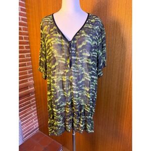 Torrid Womens 3X Green Black Abstract Tiger Print Sheer Chiffon Smocked Tunic